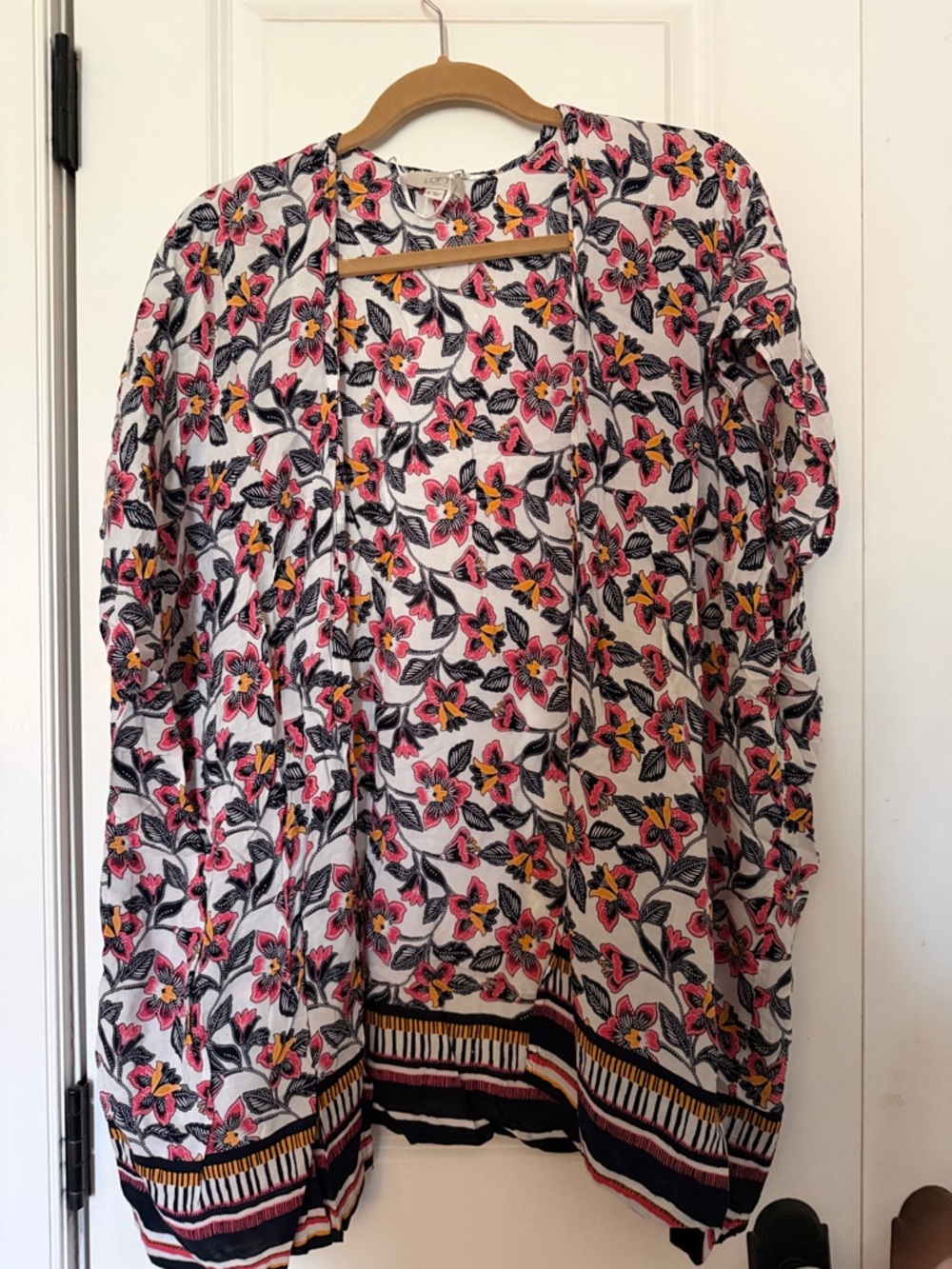 LOFT Outlet White Floral Open-Front Top with Pink & Yellow Accents